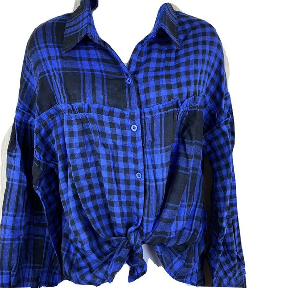 Blue Cotton Plaid Check Button Up Blouse S M L - Picture 4 of 10